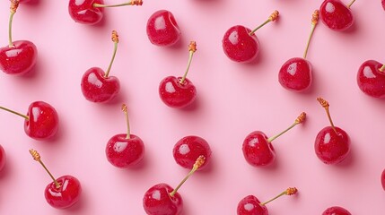 Sticker -   A collection of cherries arranged together on a pink background, with one cherry connected to the others and the rest also linked