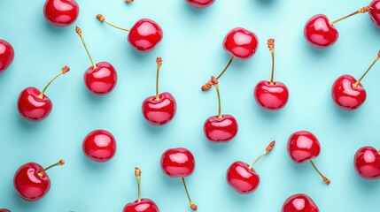 Poster -  Cherries stacked atop a blue surface, one cherry clinging