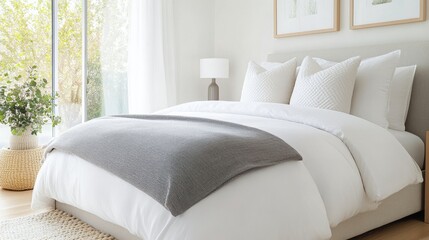 Sticker - Modern bedroom with white bedding and decorative pillows in a bright, airy space