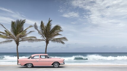 Sticker - Stock image of 3D illustration of pink car at tropical beach during summer.