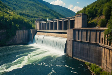 Hydroelectric power station, a huge dam with water. Renewable energy sources.