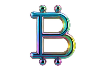 Sticker - Holographic metallic element with shiny chrome surface isolated on transparent background. Currency sign, bitcoin. Finance, money, exchange.