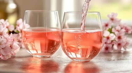 Wall Mural -   A zoomed-in picture of two wine glasses with pink liquid filling one of them against a backdrop of pink blossoms