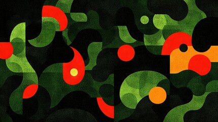 Sticker -  A vibrant abstract composition featuring green, orange, and red geometric shapes against a dark backdrop with a prominent, central red dot