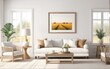 © Hendry - Frame mockup in bright living room design, white sofa in farmhouse boho interior style, 3d render