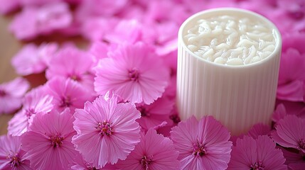 Poster -   A close-up photo of a pink flower resting in a white container, surrounded by more pink petals on the grassy floor below