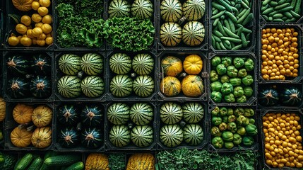 Wall Mural -   Fruits & veggies in bins, squash, cucumbers, oranges, veggies displayed