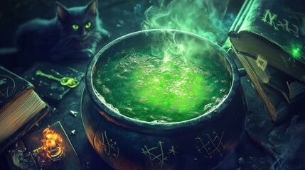 Cauldron is bubbling with a magic green potion for the halloween celebration, while a black cat observes the scene