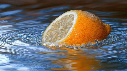 Poster -   A zoom-in of an orange submerged in water with a single droplet on its surface