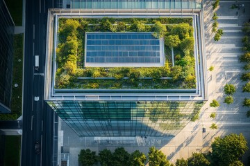 Wall Mural - This modern glass office building showcases a green roof with solar panels and other sustainable features, highlighting eco-friendly architecture in an urban setting