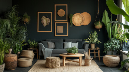 Wall Mural - Modern living room with dark walls, woven decor, and grey sofa. Bohemian interior design featuring an abundance of greenery and natural textures.