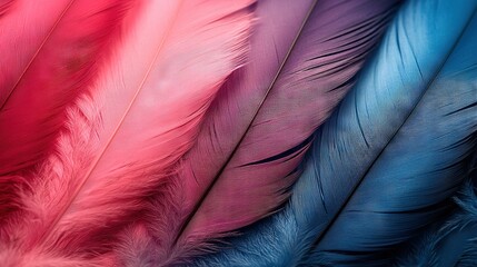 Poster -   A close-up of multicolored bird feathers featuring a red, blue, and pink color palette