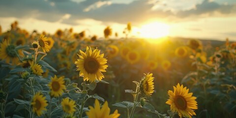 Poster - Sunrise over a blossoming sunflower field