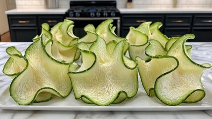 Sticker -   A white plate topped with cucumbers sits beside a kitchen counter and stove-top oven