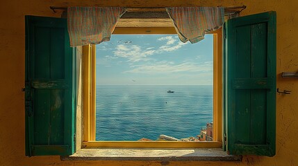 Canvas Print -   An open window offers an ocean view and a boat in water