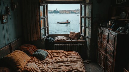 Canvas Print -   A well-positioned bed graces the bedroom's serene atmosphere, offering an enchanting view of a distant boat on the tranquil water