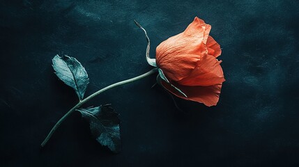 Poster -   Red rose, black table, green plant, dark surface