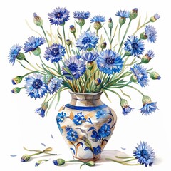 Wall Mural - 
vase with cornflowers illustration on a white background