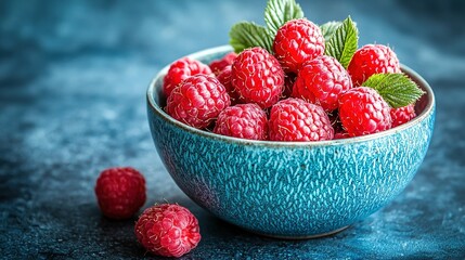 Poster -   A bowl of blue-filled raspberries sits beside two placed on top of a blue cloth