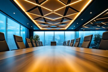 A sleek conference table sits in an empty office conference room with a modern geometric ceiling, illuminated by natural light from large windows