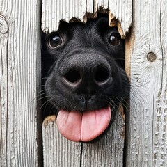 Canvas Print - A black Labrador retriever dog pokes its head through a damaged wooden fence with its tongue out giving a curious and playful look