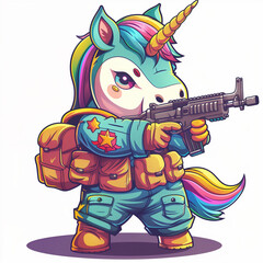 Military Unicorn Cartoon - unicorn, soldier, cartoon, cute, colorful, weapon, gun, backpack, fantasy, character, illustration, armor, magical, rainbow, camouflage, mythical