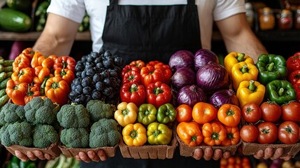 Wall Mural -   A person holding a tray of vegetables in front of a colorful display of broccoli, peppers, and cauliflower