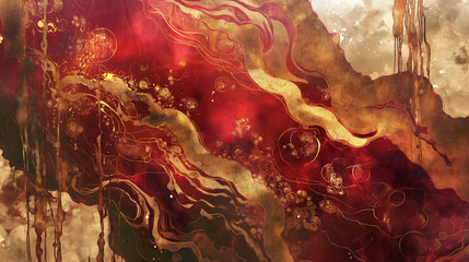 Poster - A painting of a red and gold swirl with a dark background