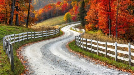 Poster -   A country road in autumn, flanked by white fencing and vibrant orange-yellow foliage on either side