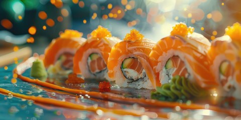 Wall Mural - Fresh Salmon Sushi with Wasabi and Ginger