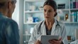 © decorator - Female doctor explaining test results to patient using tablet, realistic octane render