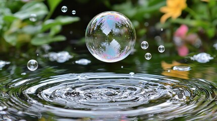 Wall Mural -   A macro shot of a water droplet featuring a tree silhouette inside and surrounding flora