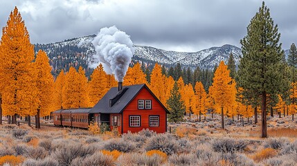 Poster -   Red house w/smoke, amidst field w/trees, Mtns in bg