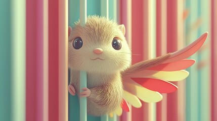 Wall Mural -   A Hamster Peeks Out..A cute little hamster peeks out from behind colorful striped walls, clutching onto bars