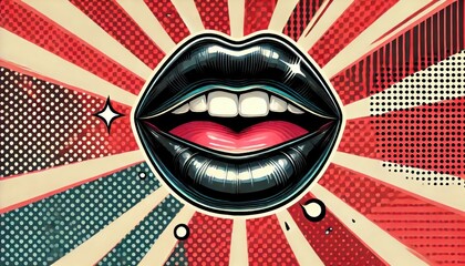 Black lips, mouth and tongue icon on pop art retro vintage colorful background. Trendy and fashion color illustration easy editable for Your design of poster and banner.