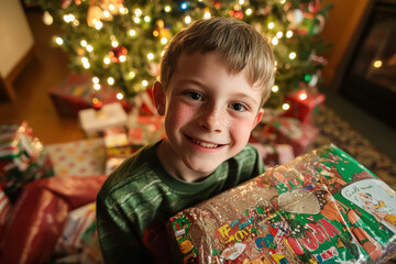 Wall Mural - Little Boy Smiling with Christmas Gift by the Tree. A cheerful image of a young boy with light skin and freckles, holding a wrapped Christmas present with the glowing tree behind him.
