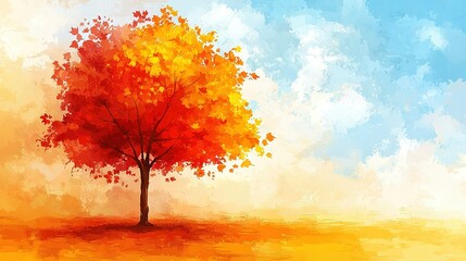 Sticker -   A painting of a tree with red and yellow leaves on its branches, set against a backdrop of brilliant blue sky