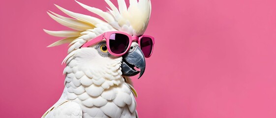 Poster - White cockatoo wearing stylish sunglasses on a bright pink background. Lots of empty space