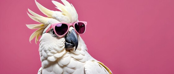 Poster - White cockatoo wearing stylish sunglasses on a bright pink background. Lots of empty space