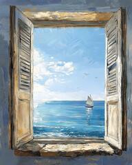 Wall Mural -   An image of an open window overlooking a sailboat on the blue ocean, surrounded by fluffy white clouds above