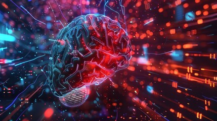 Wall Mural - artificial intelligence brain with glowing data and code in digital innovation setting