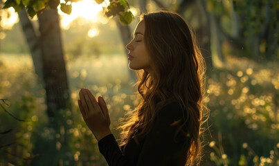 Wall Mural - A beautiful woman prays with her hands folded in front of her chest, eyes closed and head tilted up to the heavens