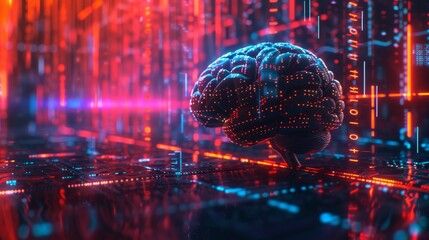 Neon ai brain with data points and code, digital setting for innovation and technology