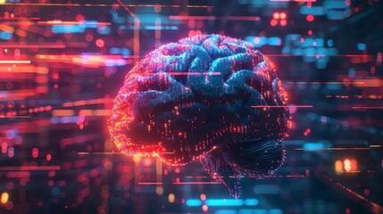 Wall Mural - neon lit brain with data points and code in digital innovation scene for ai technology