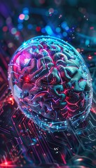 Wall Mural - neon ai brain futuristic human brain in digital realm with glowing data and code