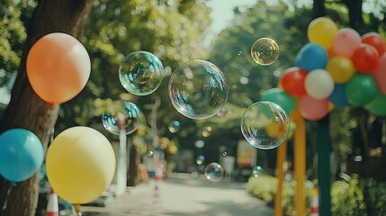 Wall Mural -   Yellow-lined sidewalk with trees, bubbles float by