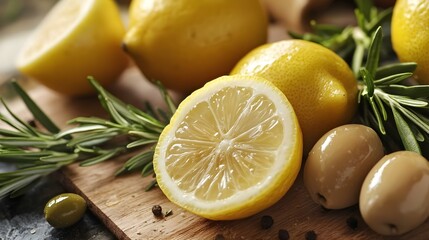 Fresh food ingredients - lemon, olives, herbs