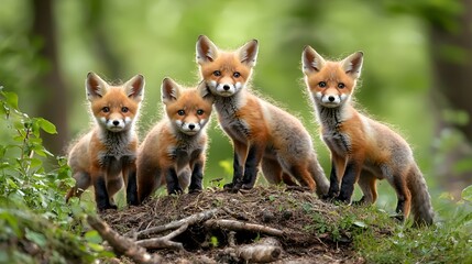 Wall Mural - Red fox Vulpes vulpes with small young cubs near den