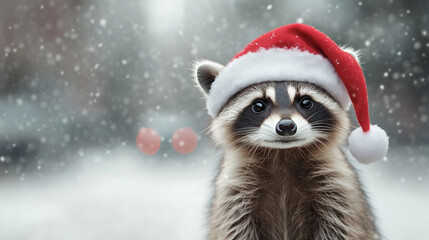 Raccoon wearing Santa hat outdoors in snowfall. Christmas-themed animal portrait with festive winter atmosphere.