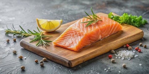 Fresh slice of salmon on a cutting board , seafood, raw, gourmet, healthy, ingredient, culinary, preparation, fish, cuisine